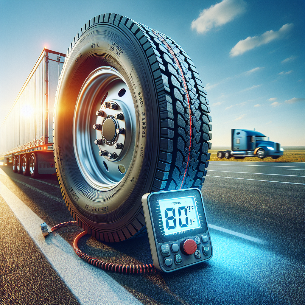 A trailer tire with a digital thermometer reading safe temperature on a highway.
