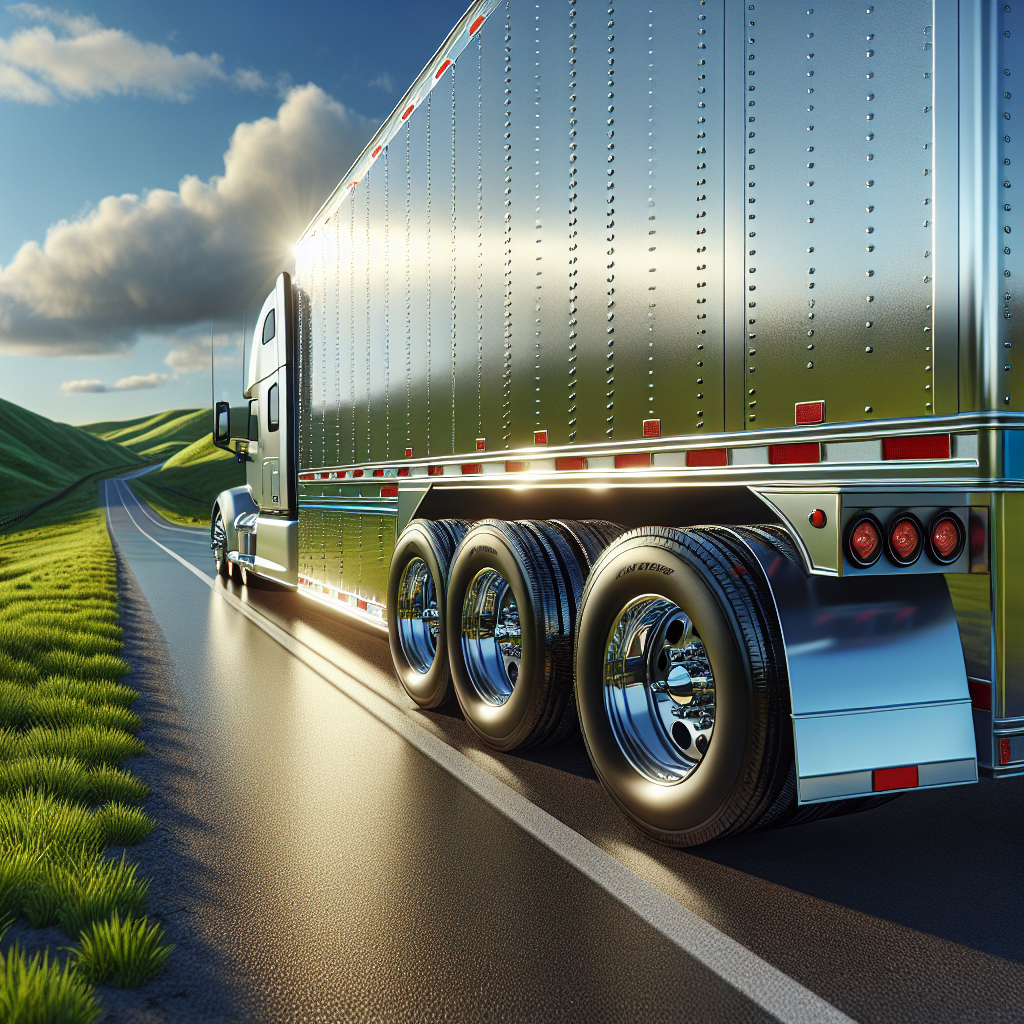 A trailer with properly inflated tires on a scenic highway with rolling hills.