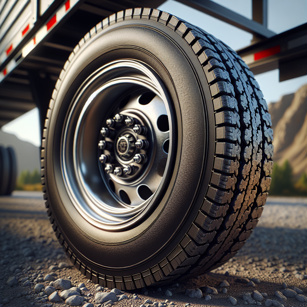 Close-up of a trailer tire showcasing its wear and detail, set in a gravel landscape.