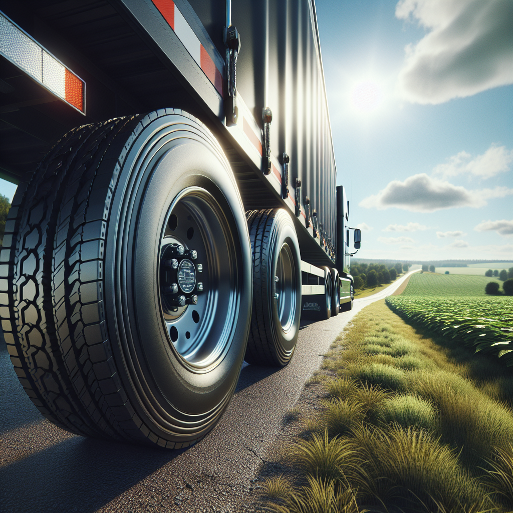 A trailer with visible black tires parked on sunny pavement in a rural landscape.