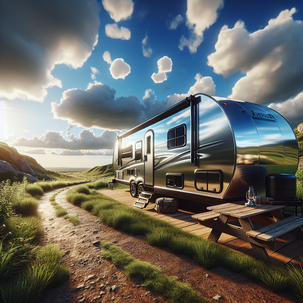 A travel trailer parked in a scenic outdoor setting with a clear sky.