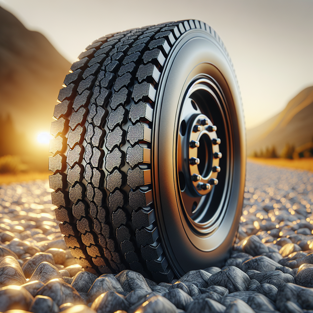 Close-up of a trailer tire on a gravel road with warm sunset lighting.