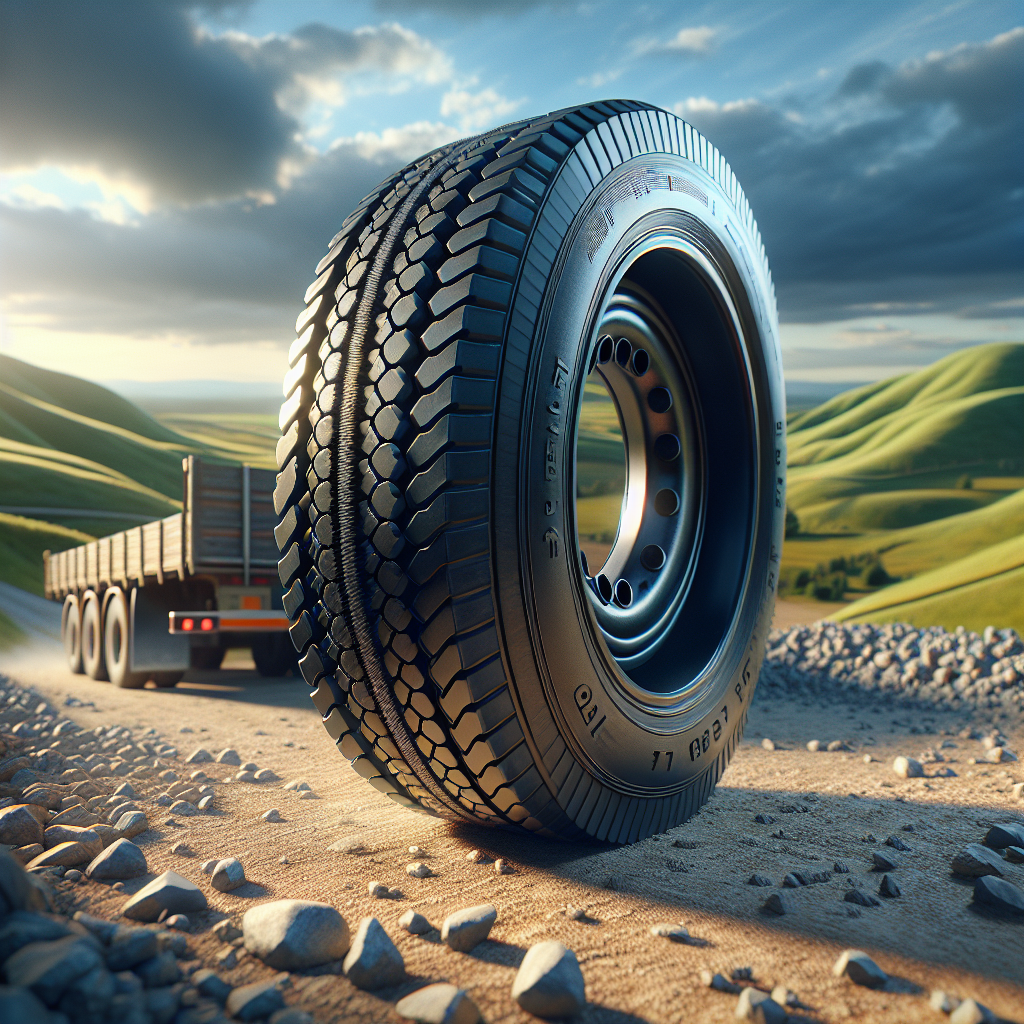 A trailer tire on a gravel road, emphasizing texture and tread with a serene landscape in the background.