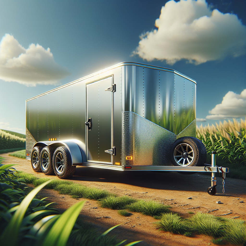 A parked trailer with four tires in a sunny outdoor setting.