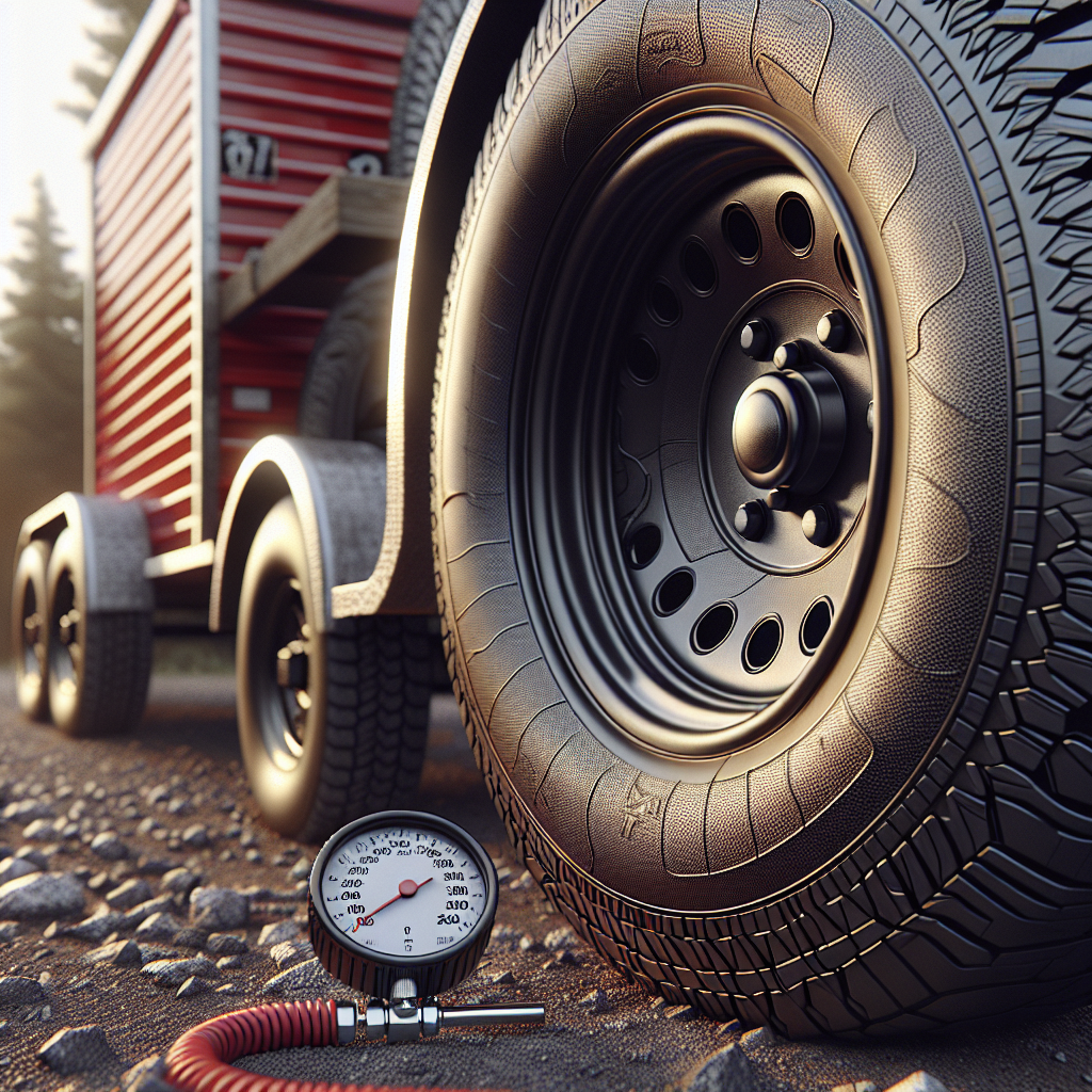 Close-up of a trailer tire with a pressure gauge beside it on a gravel road.