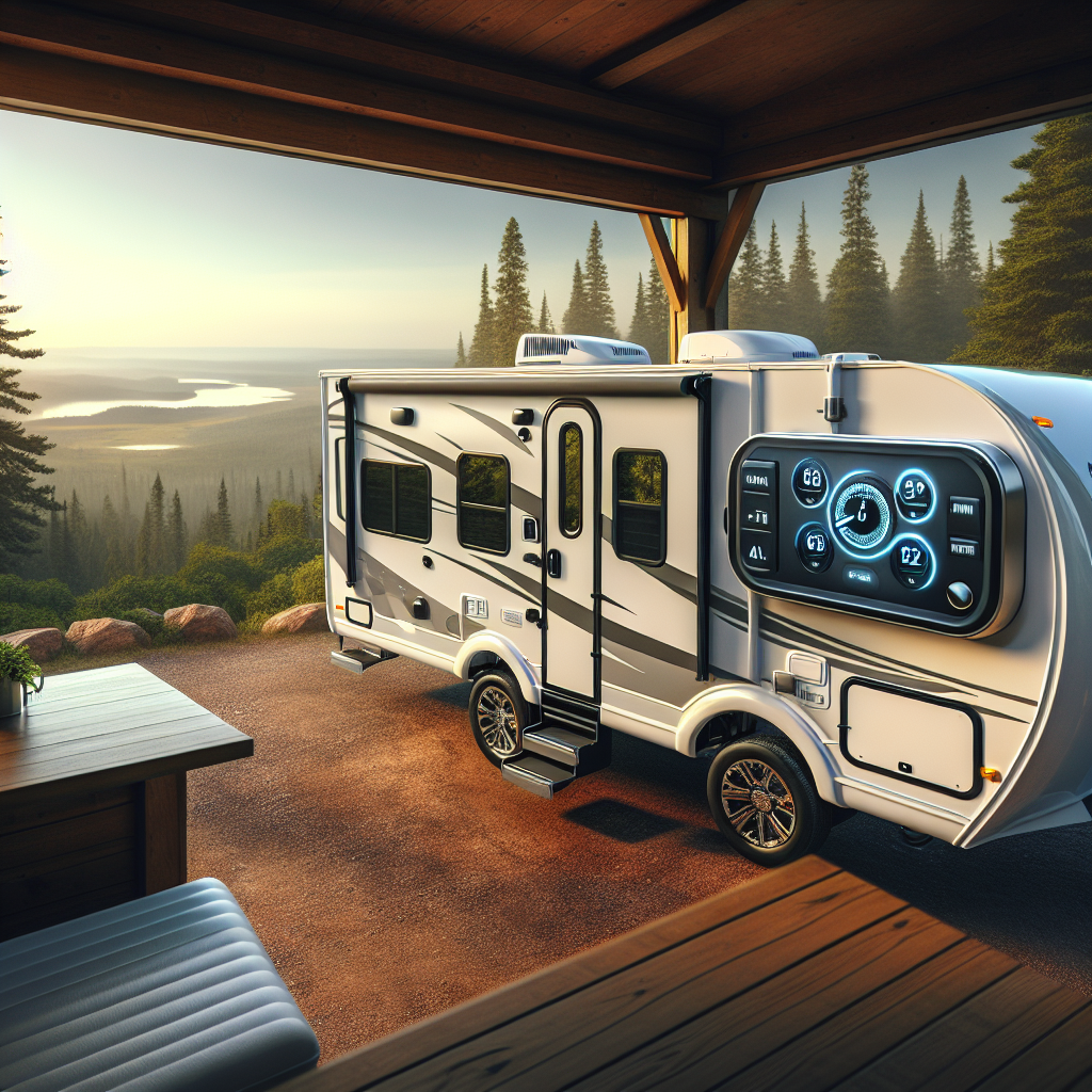 A travel trailer parked at a scenic overlook showcasing tire pressure monitoring system details.