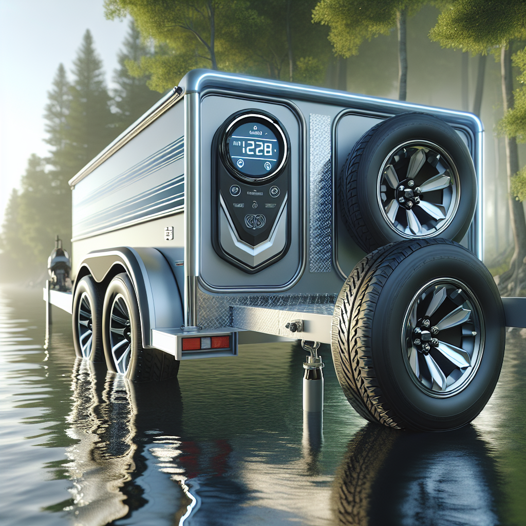 A modern boat trailer near a lake, emphasizing tire pressure monitoring system features.
