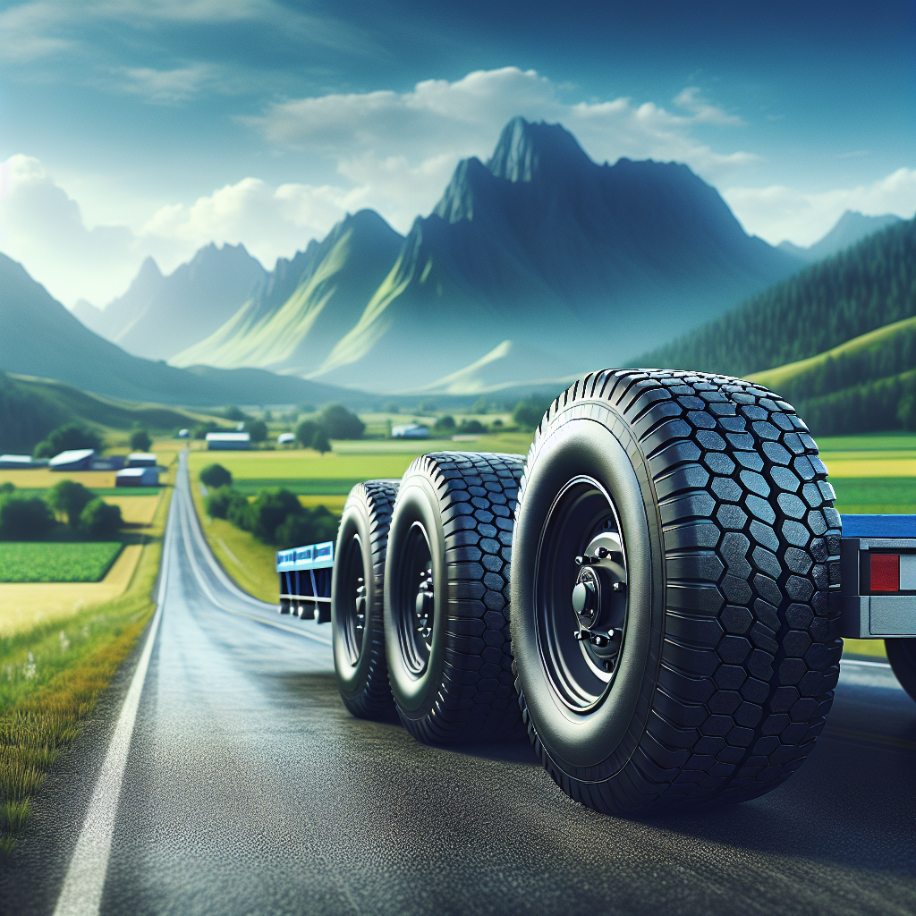 A trailer with large tires on a winding road against a scenic landscape.