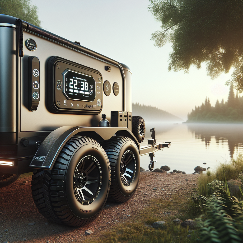 A modern boat trailer by a serene lake with a tire pressure monitoring system.
