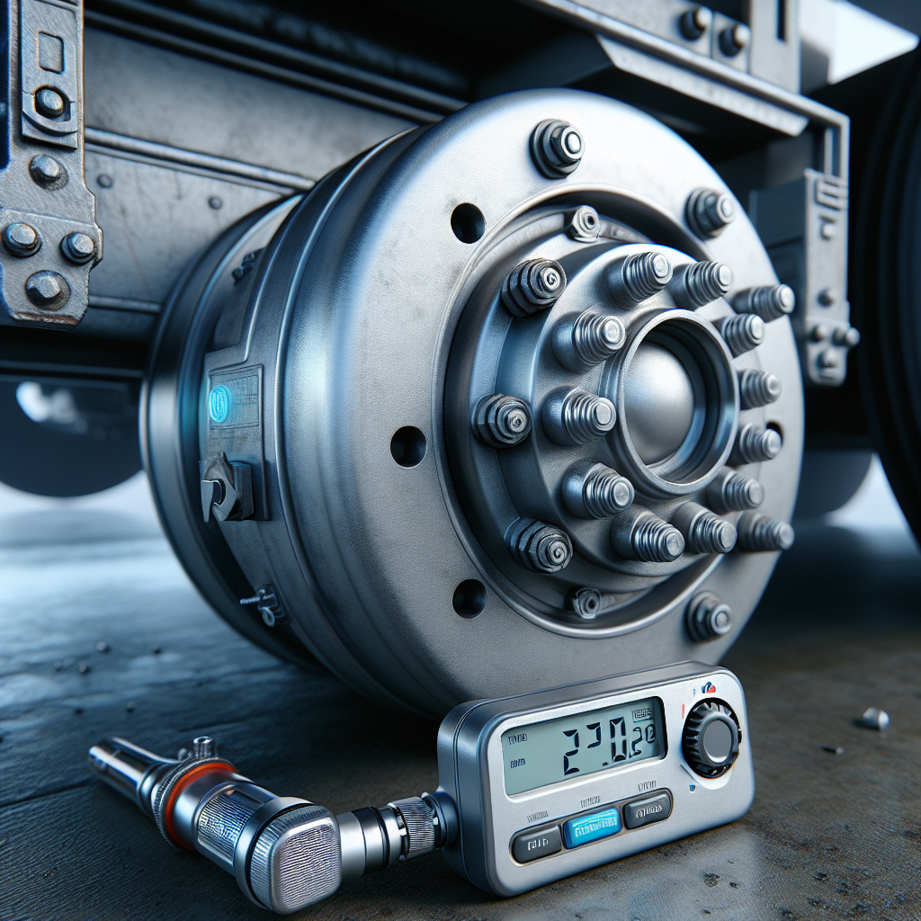 A close-up of a trailer's axle box with temperature monitoring tools, emphasizing safety.