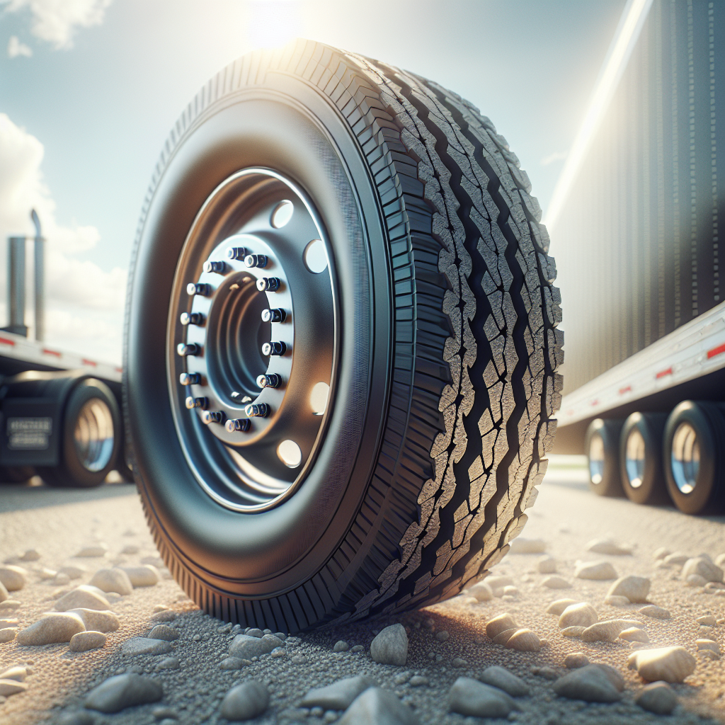 A close-up of a well-maintained trailer tire on a gravel road.
