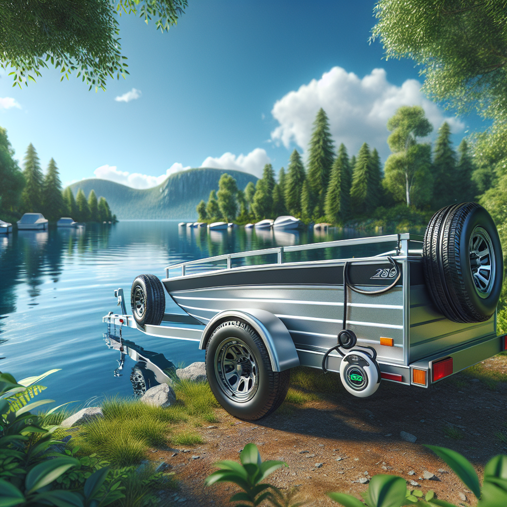 A boat trailer near a serene lake, emphasizing tire pressure monitoring systems.