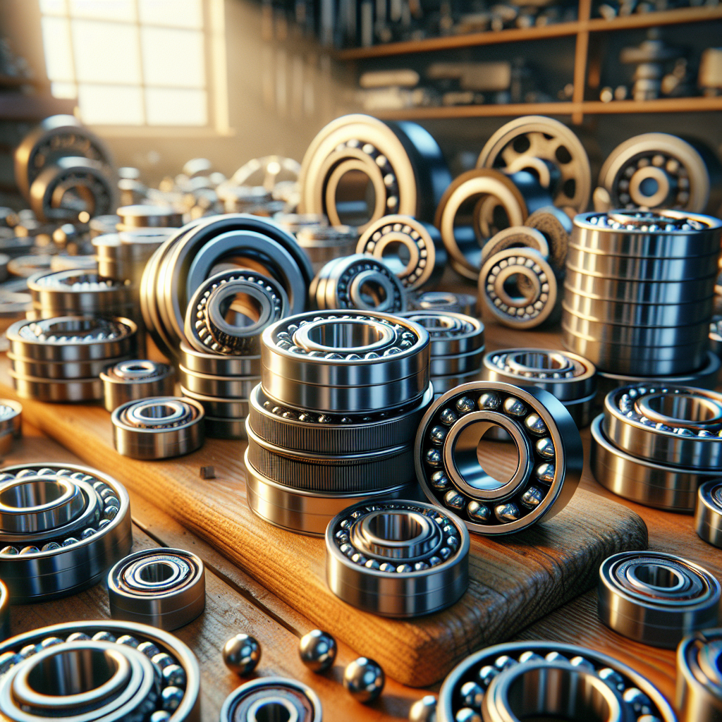 Close-up of various trailer wheel bearings on a workbench, highlighting their metallic design and workshop background.