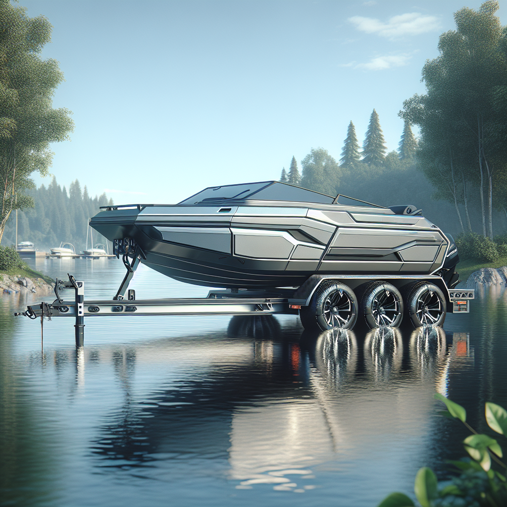 A modern boat trailer parked by a lake surrounded by trees, illustrating safety and proper maintenance.