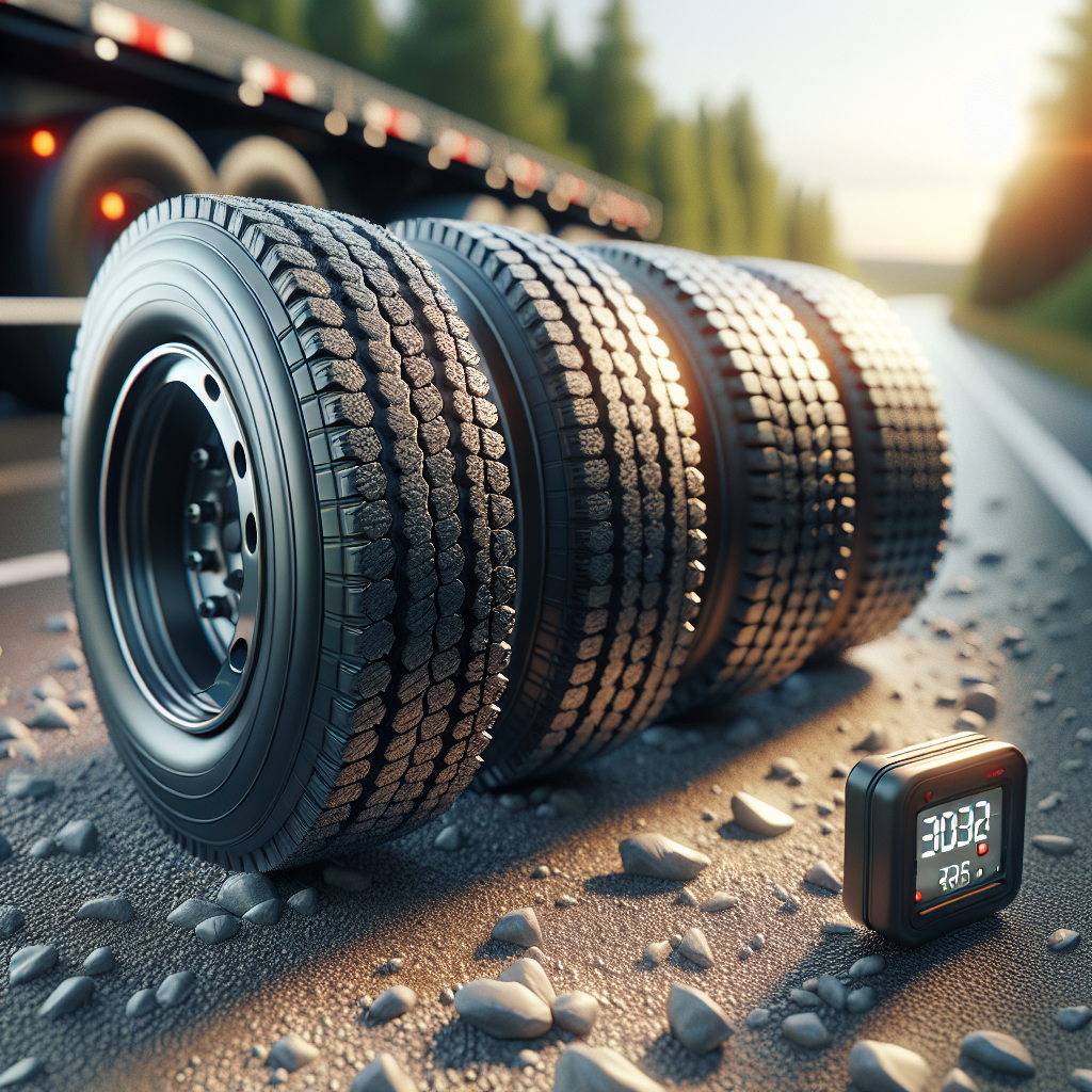 A set of four trailer tires on gravel with a temperature gauge.