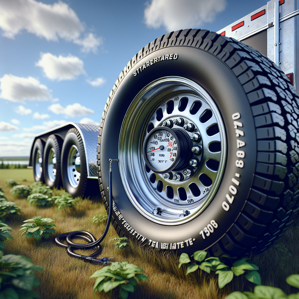 Trailer tires with a temperature gauge in a natural outdoor setting.
