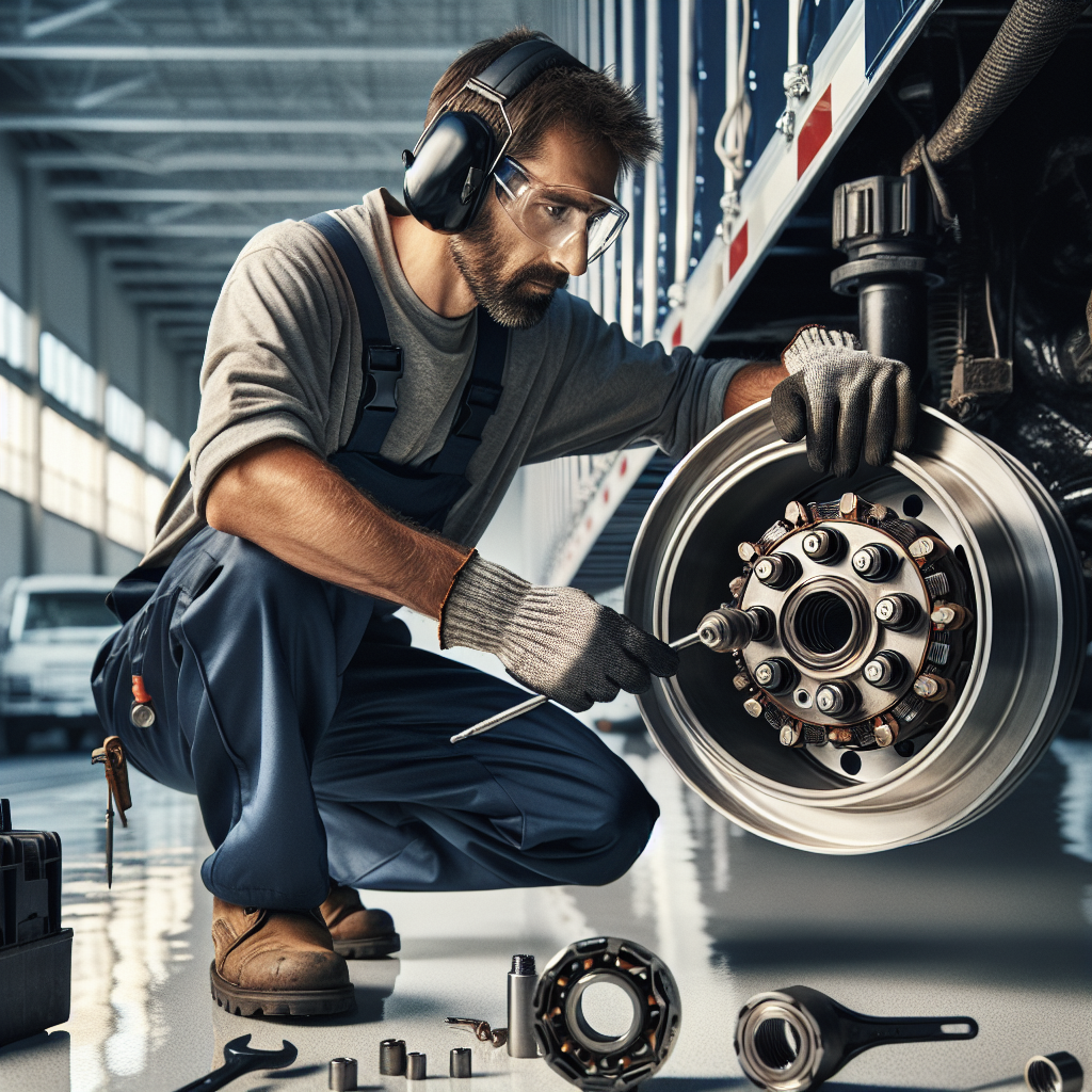 A mechanic inspecting a trailer wheel hub with tools scattered around.