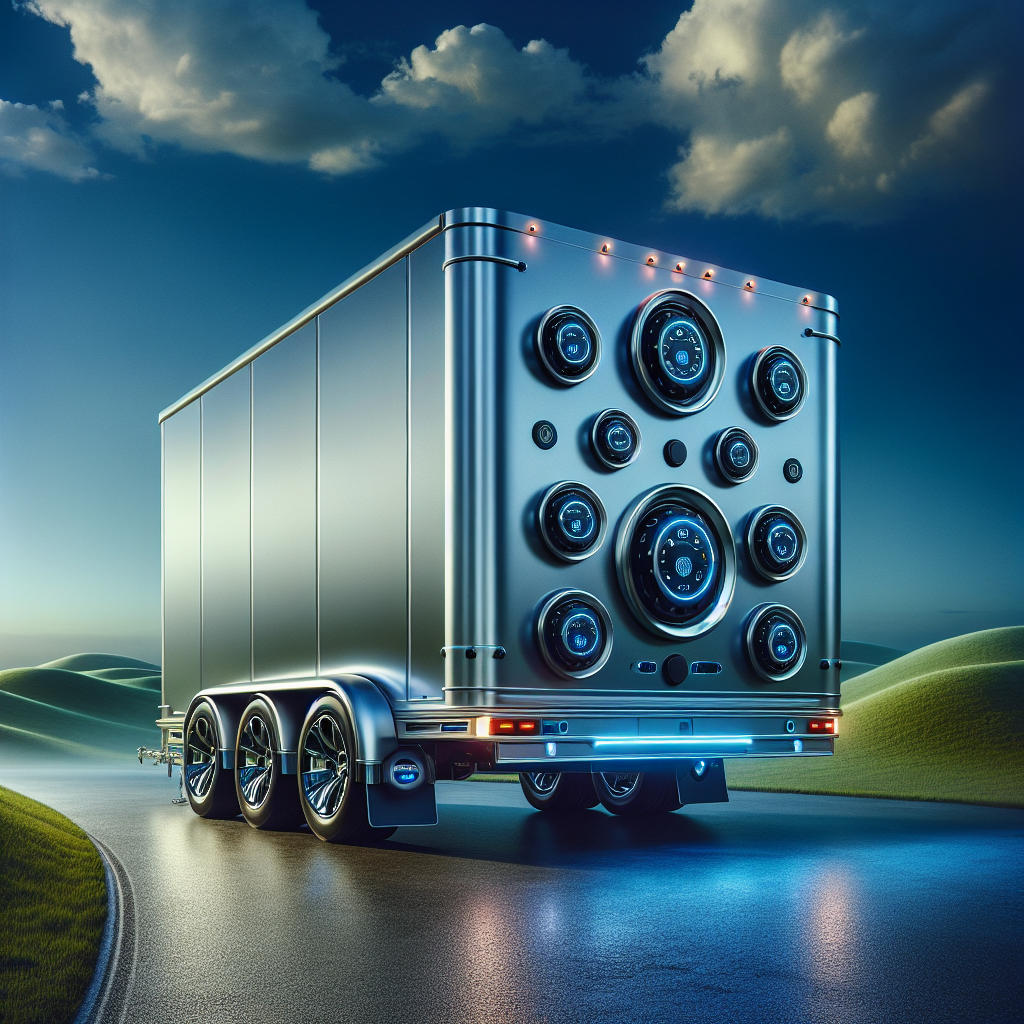 A trailer with a tire monitoring system against a scenic outdoor background.