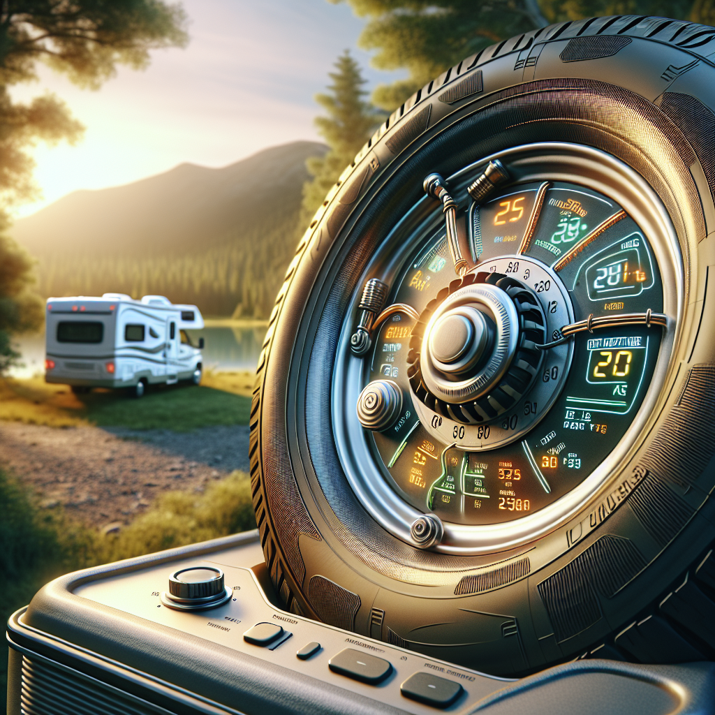 A close-up view of a tire monitoring system with sensors on a tire and a dashboard display unit, set against an RV landscape.