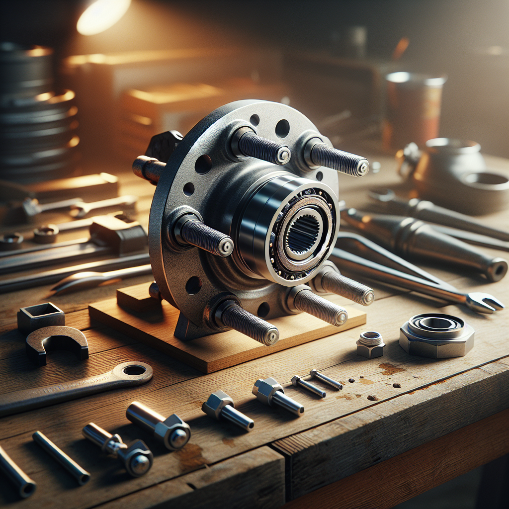 A mechanic's workspace with a close-up of a trailer wheel hub assembly and tools.