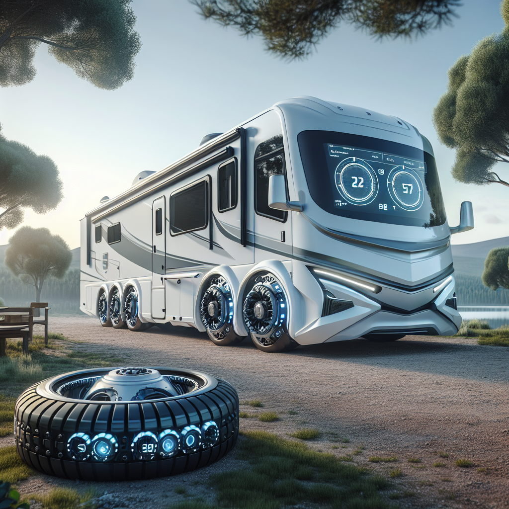 A realistic depiction of an RV with a tire monitoring system at a camping site.