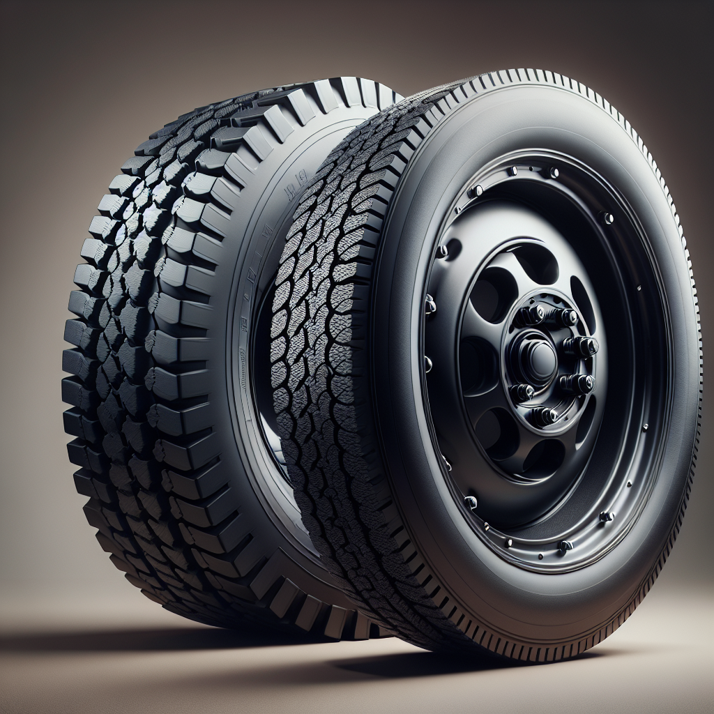 A side-by-side comparison of a trailer tire and an automotive tire.