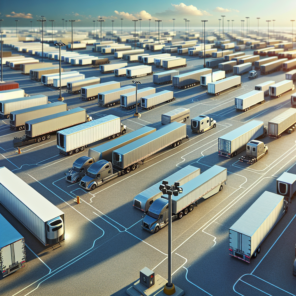 A fleet of trailers in a logistics yard under a clear blue sky.