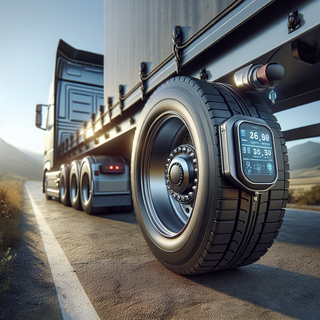 A modern trailer tire monitoring system displayed on a trailer's wheel.