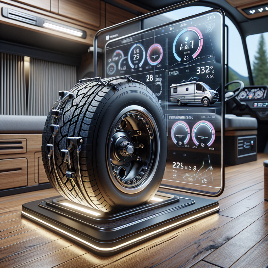 A tire monitoring system for an RV with sensors and display.