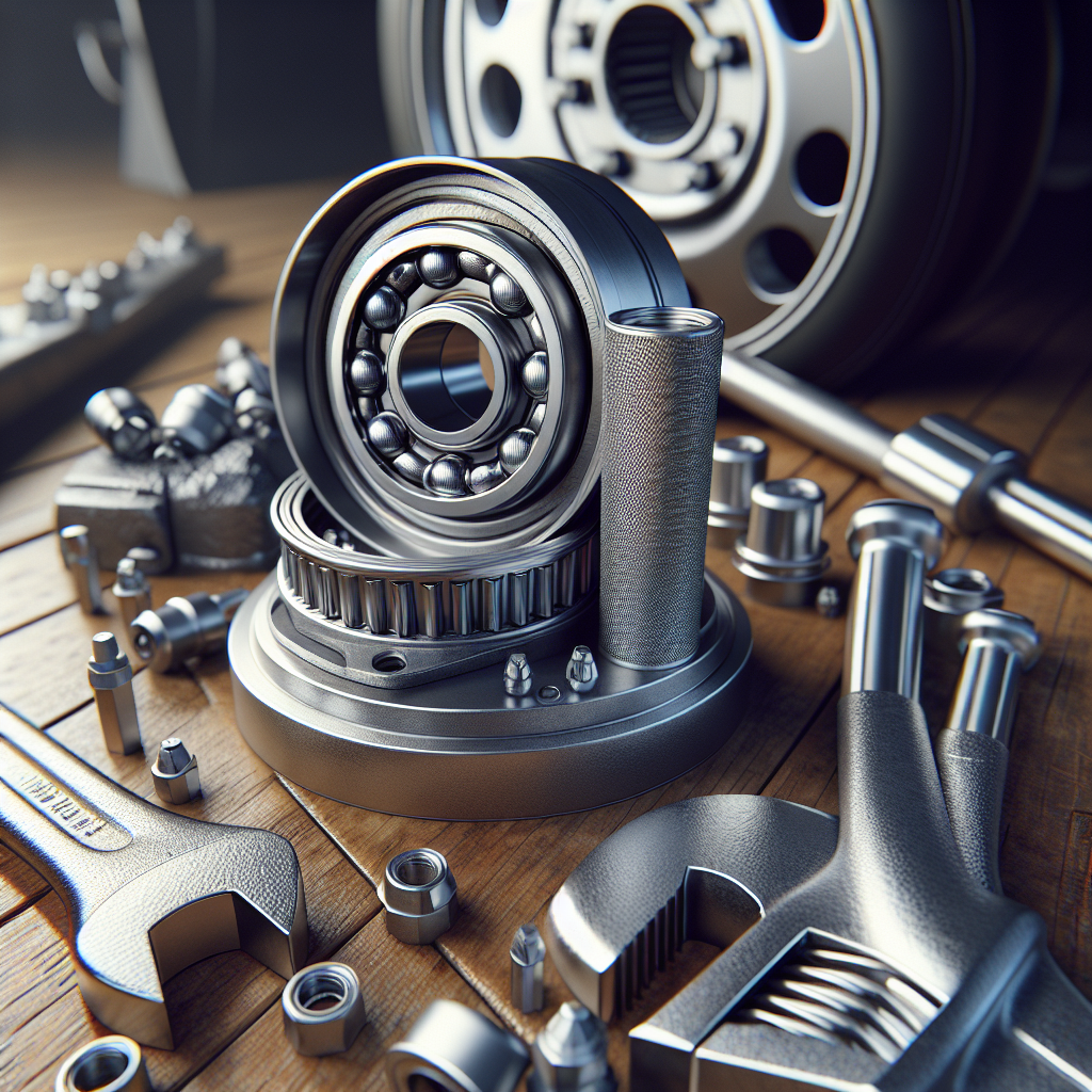A close-up view of a wheel hub assembly with a wheel bearing and tools for removal.