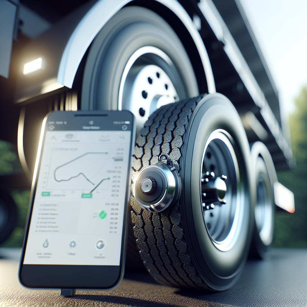 A close-up of a trailer tire monitoring sensor attached to a tire, with a smartphone displaying real-time data in a blurred outdoor setting.