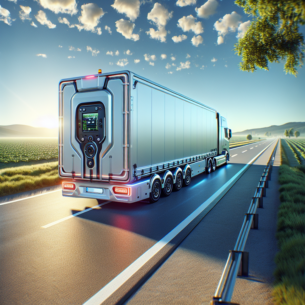 A modern trailer with tracking technology on a sunny highway.