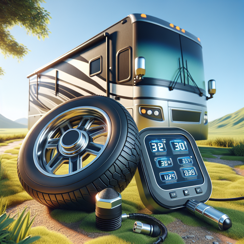 An RV tire monitoring system including pressure and temperature sensors and a display unit in an outdoor setting.
