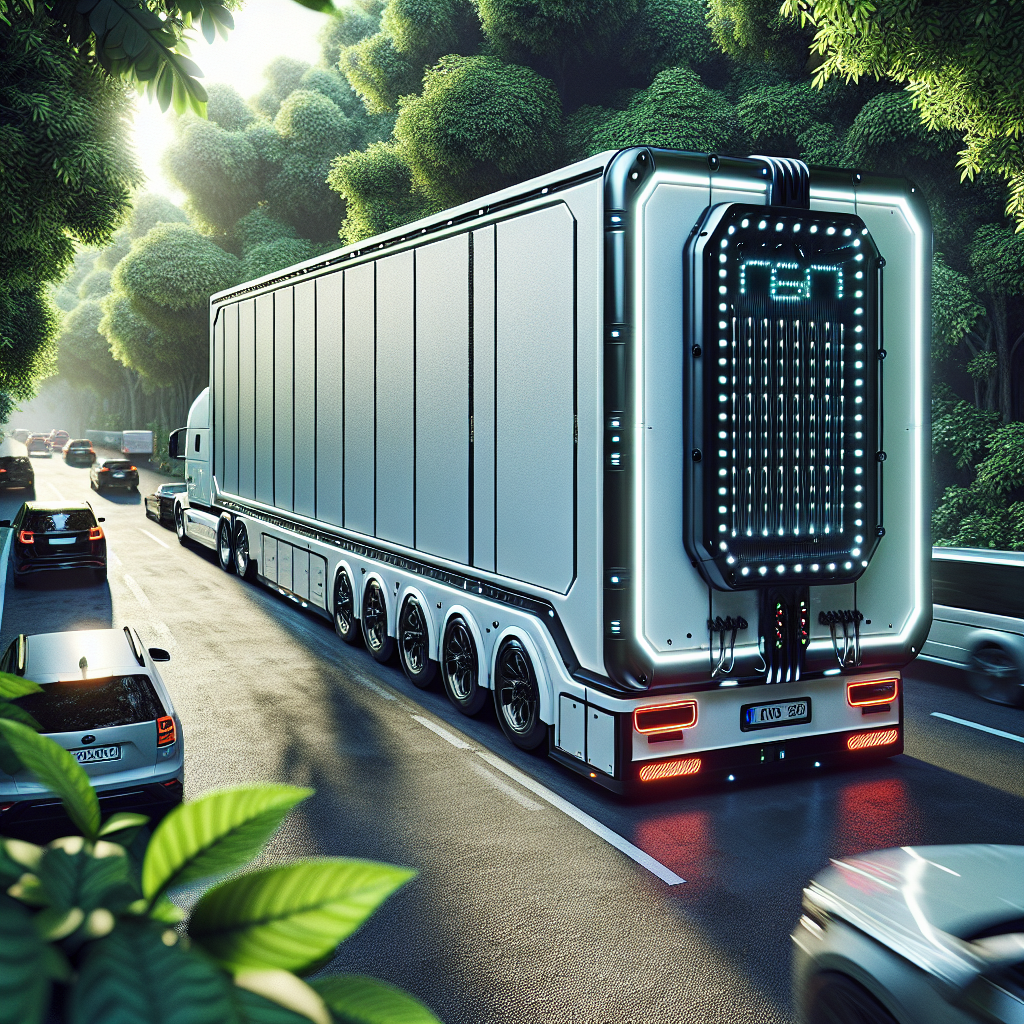 A trailer with tracking devices parked on a road surrounded by greenery.