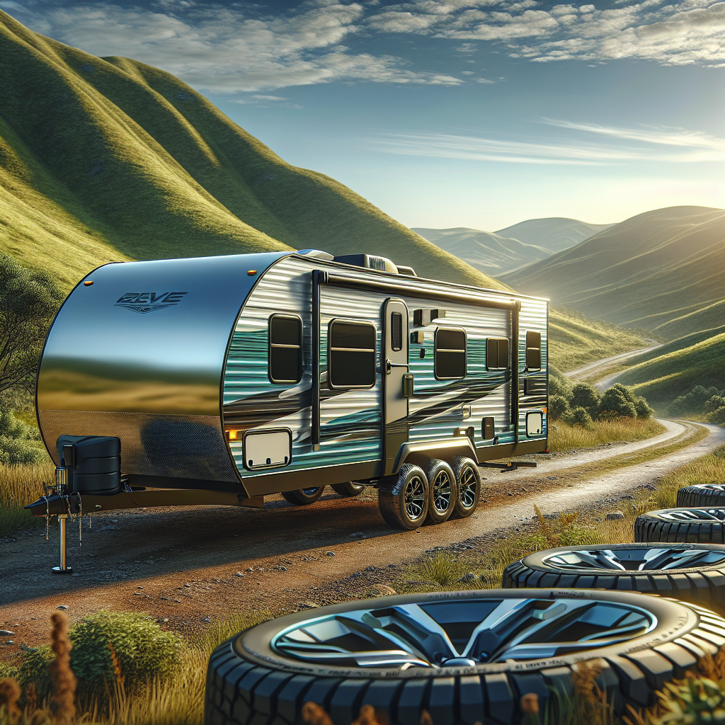 A travel trailer with advanced tire pressure monitors parked in a scenic landscape.