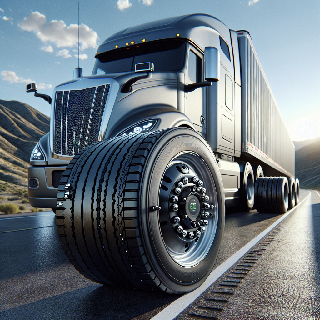 A semi-trailer truck on a highway with detailed tires equipped with tire pressure monitoring sensors.