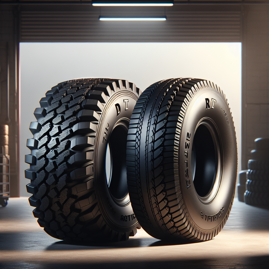 An image showing two types of trailer tires, one labeled 'D' and the other 'R', in a garage setting.