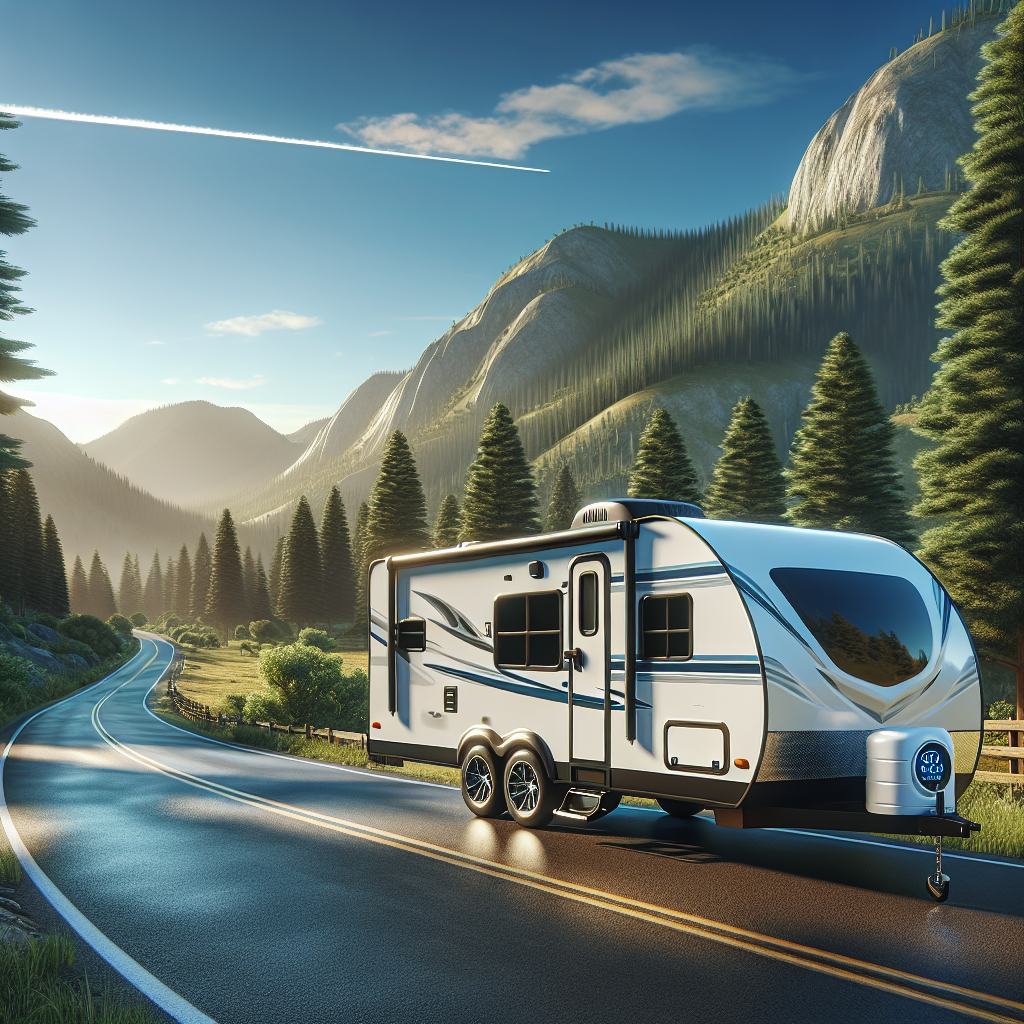 A travel trailer on a scenic road with mountains, showcasing a tire pressure monitor.