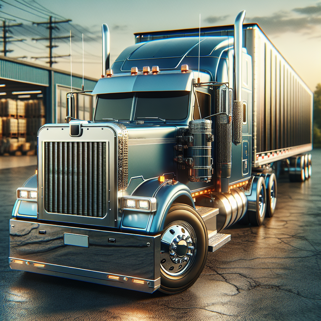 A semi-trailer truck parked in an industrial area, focusing on its axles and tires.