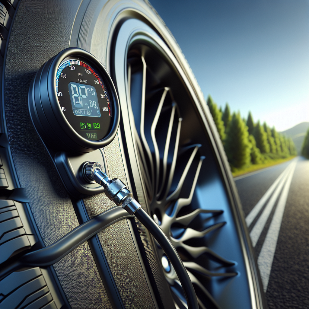 A tire pressure monitoring system attached to a tire in a serene outdoor setting.