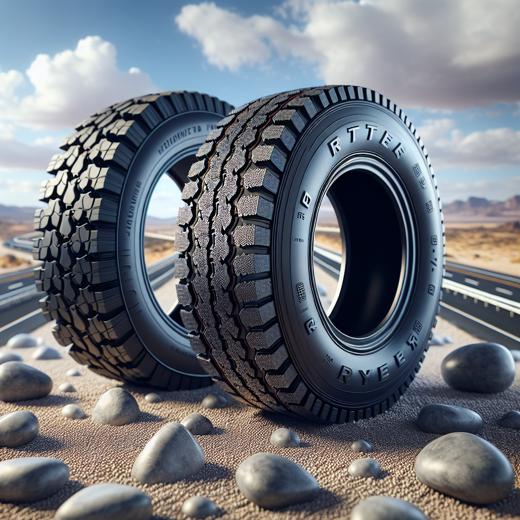 Image comparing D and R trailer tires on a gravel surface.
