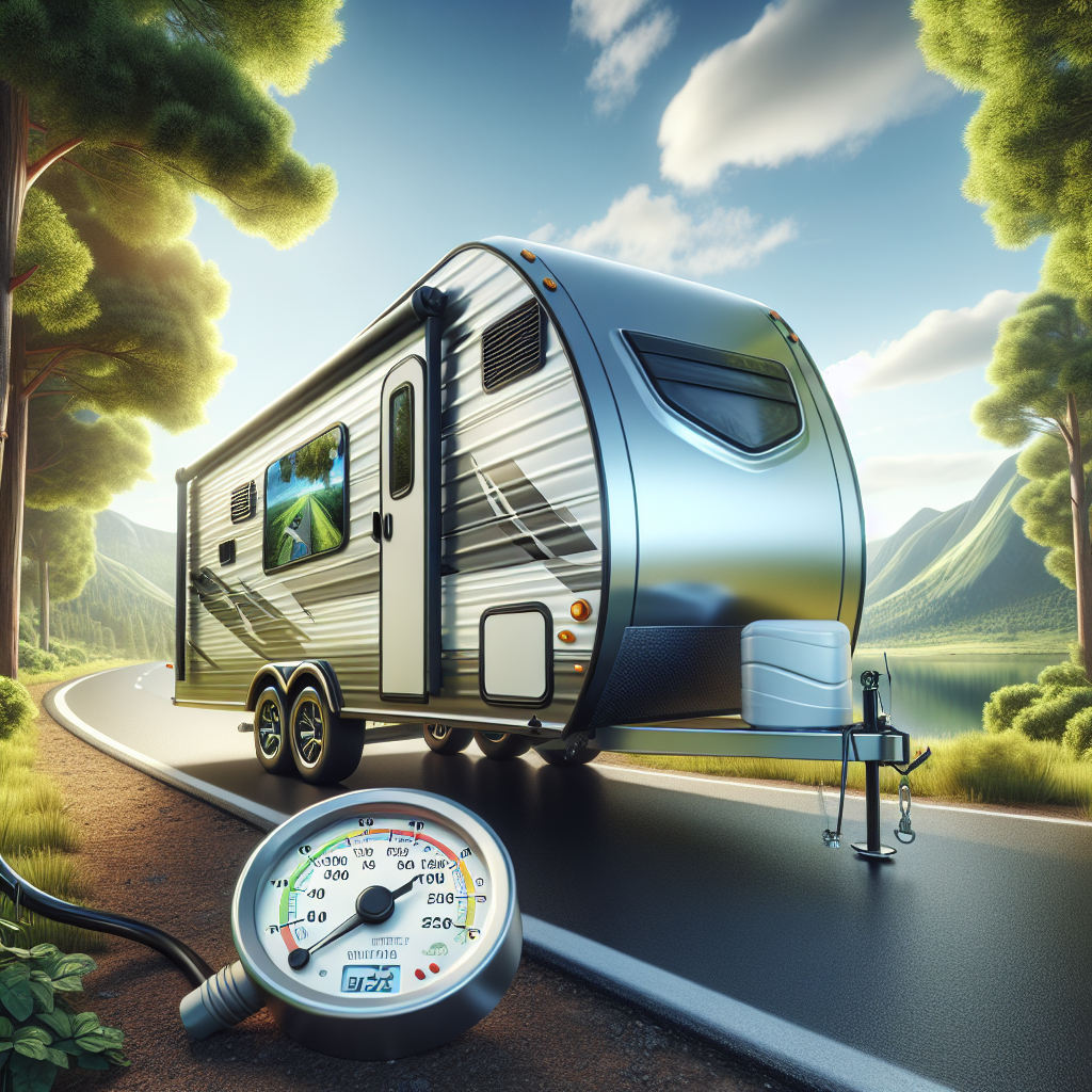 A travel trailer with a digital tire pressure monitor on a scenic route.