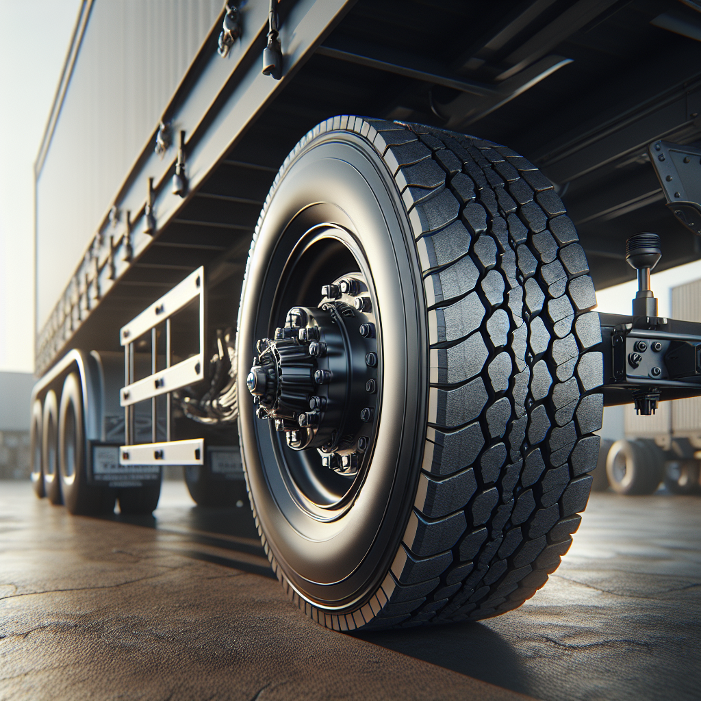 Close-up view of a trailer's rear axle and tire.
