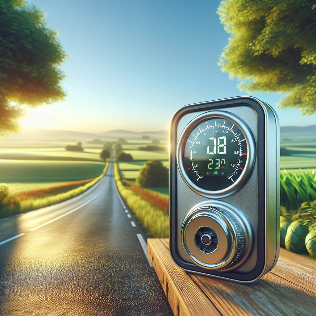 A tire pressure monitoring device with a scenic road view in the background.