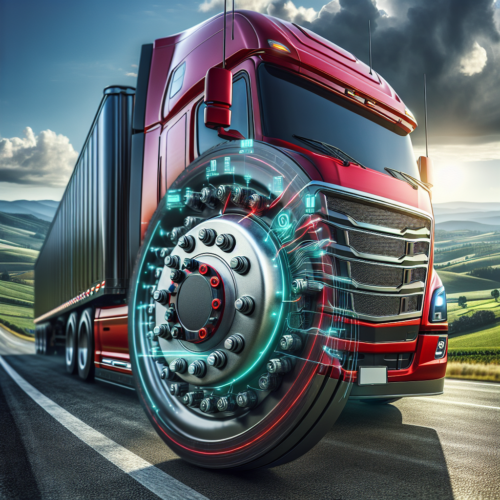 A semi-trailer truck on a highway showcasing its tire pressure monitoring system.