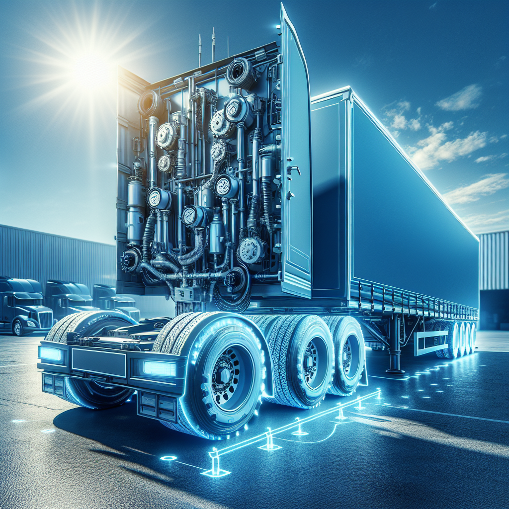 A trailer with visible temperature mapping technology on its axles and tires, parked under a sunny sky.