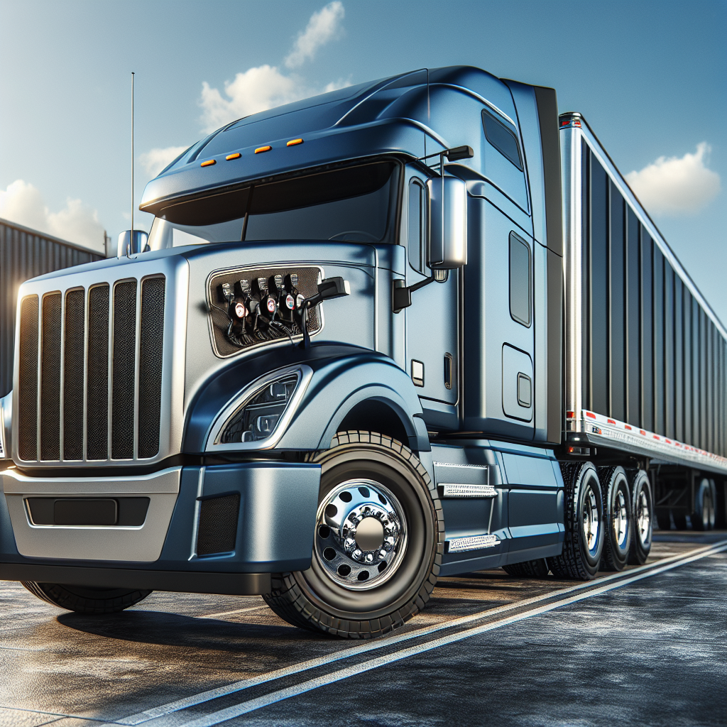 A semi-trailer truck with a visible tire pressure monitoring system at a logistics center.