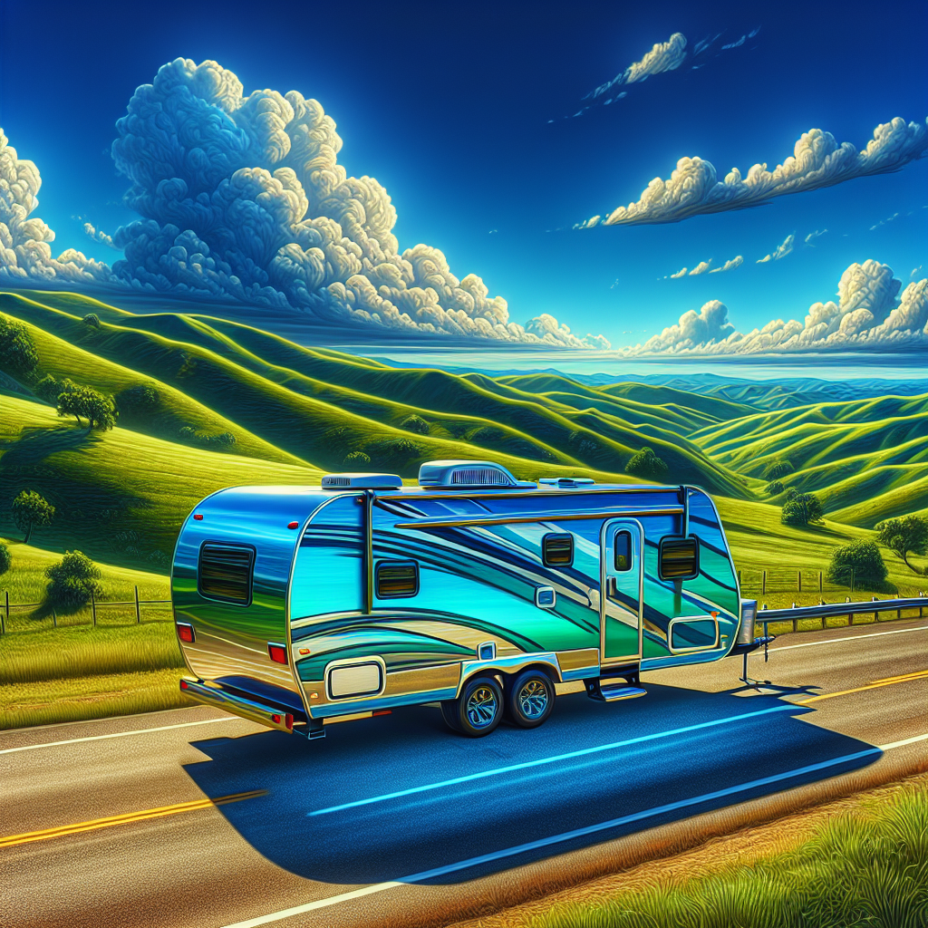 A travel trailer parked on a scenic road surrounded by green hills and a blue sky.