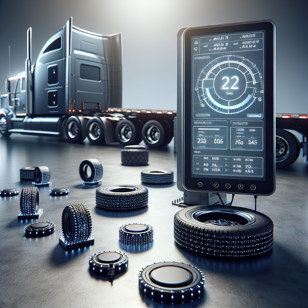 A close-up of a tire pressure monitoring system for semi trailers with tires and a digital display.