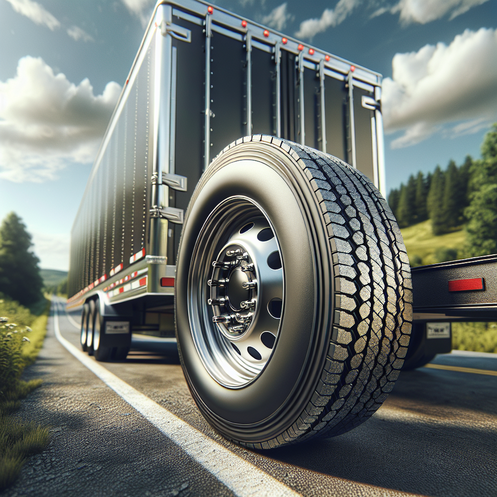 A realistic close-up of a trailer tire on a roadside, surrounded by greenery.